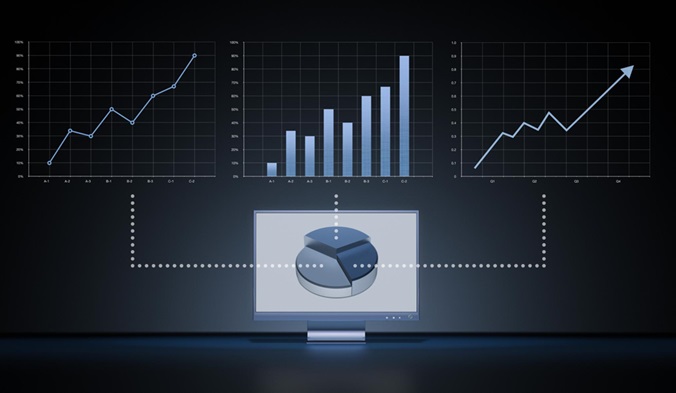 Examples of Excel Data Visualizations including line charts, bar charts, and a pie chart on a monitor.