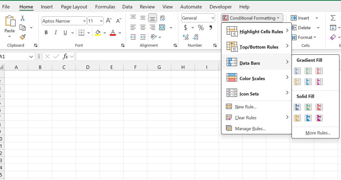 Excel Conditional Formatting Menu showing Data Bars and Color Scales.
