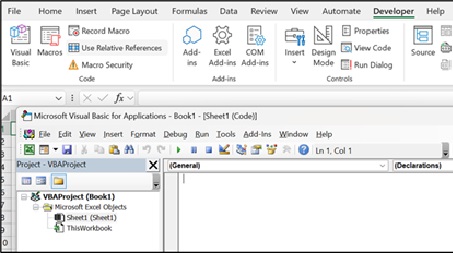 Excel Developer tab showing VBA and Macro options.