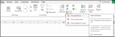 Excel Data Validation menu on the Data tab.